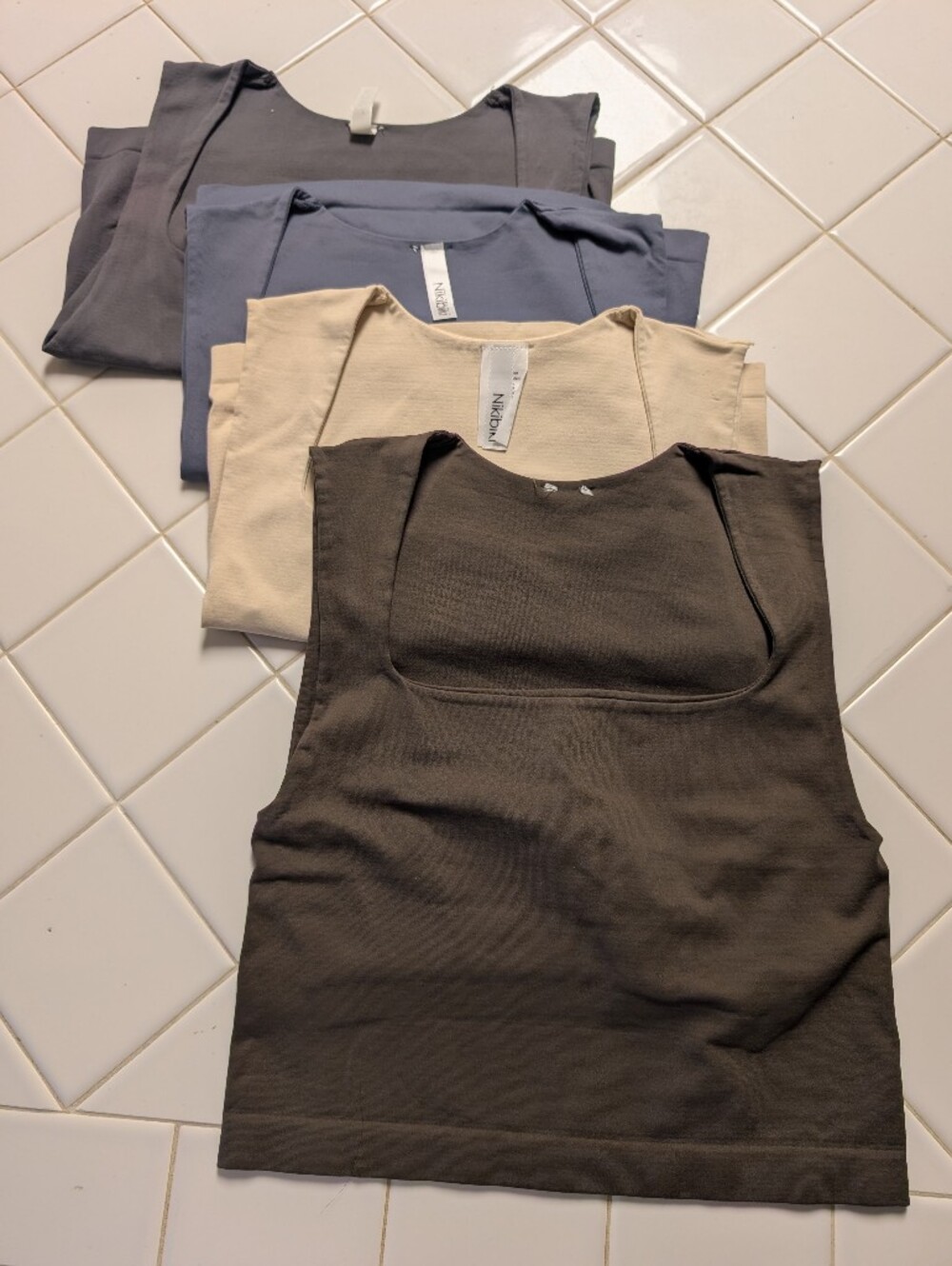 Nikibiki Ribbed Scoop Neck Tank Trio - Brown, Cream, Blue